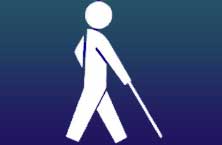 Imagem ilustrativa com um desenho de uma pessoa cega com uma bengala em um fundo azul